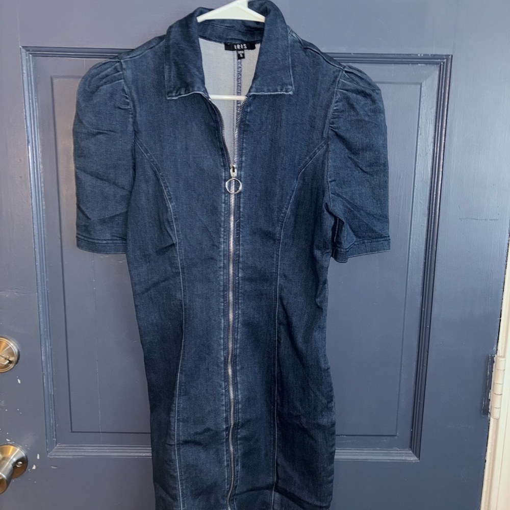 Blue Denim Balloon Sleeve Zip Front Dress